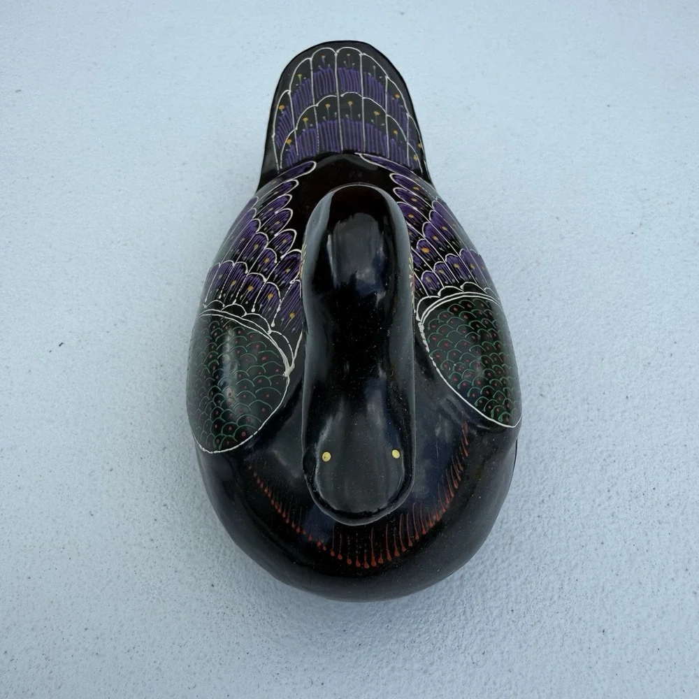 Black Lacquer Hand Painted Wood DUCK Trinket Jewelry Box Thailand  7 Inches‎